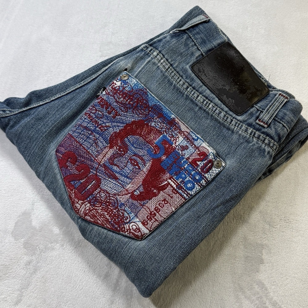 Eight 732 Jeans Mens 36x34 Blue Denim Embroidered Pocket Hip Hop Streetwear Y2K